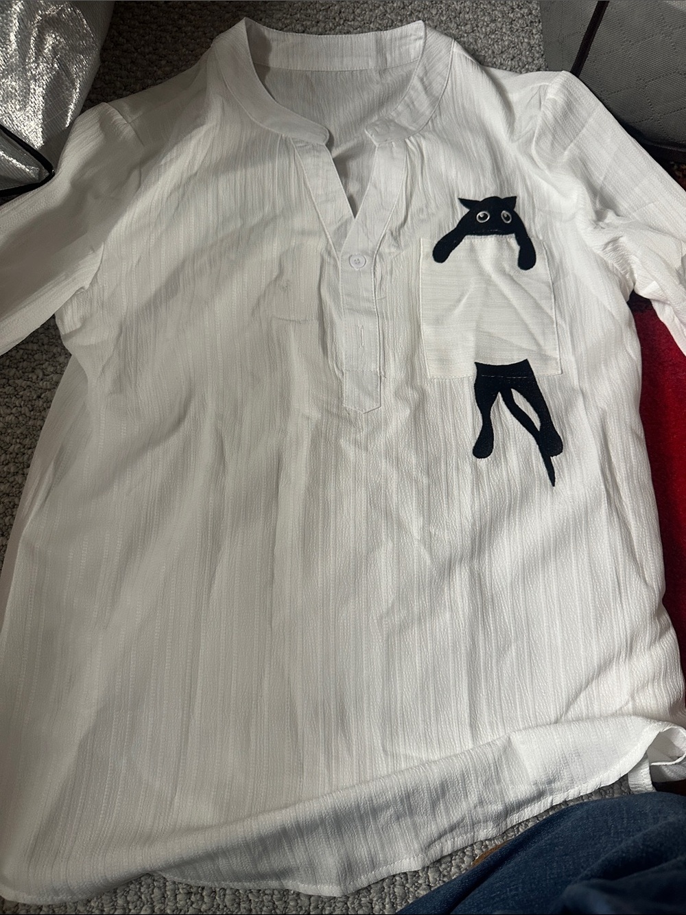 White Men’s Long-Sleeve Shirt with Black Cat Patch